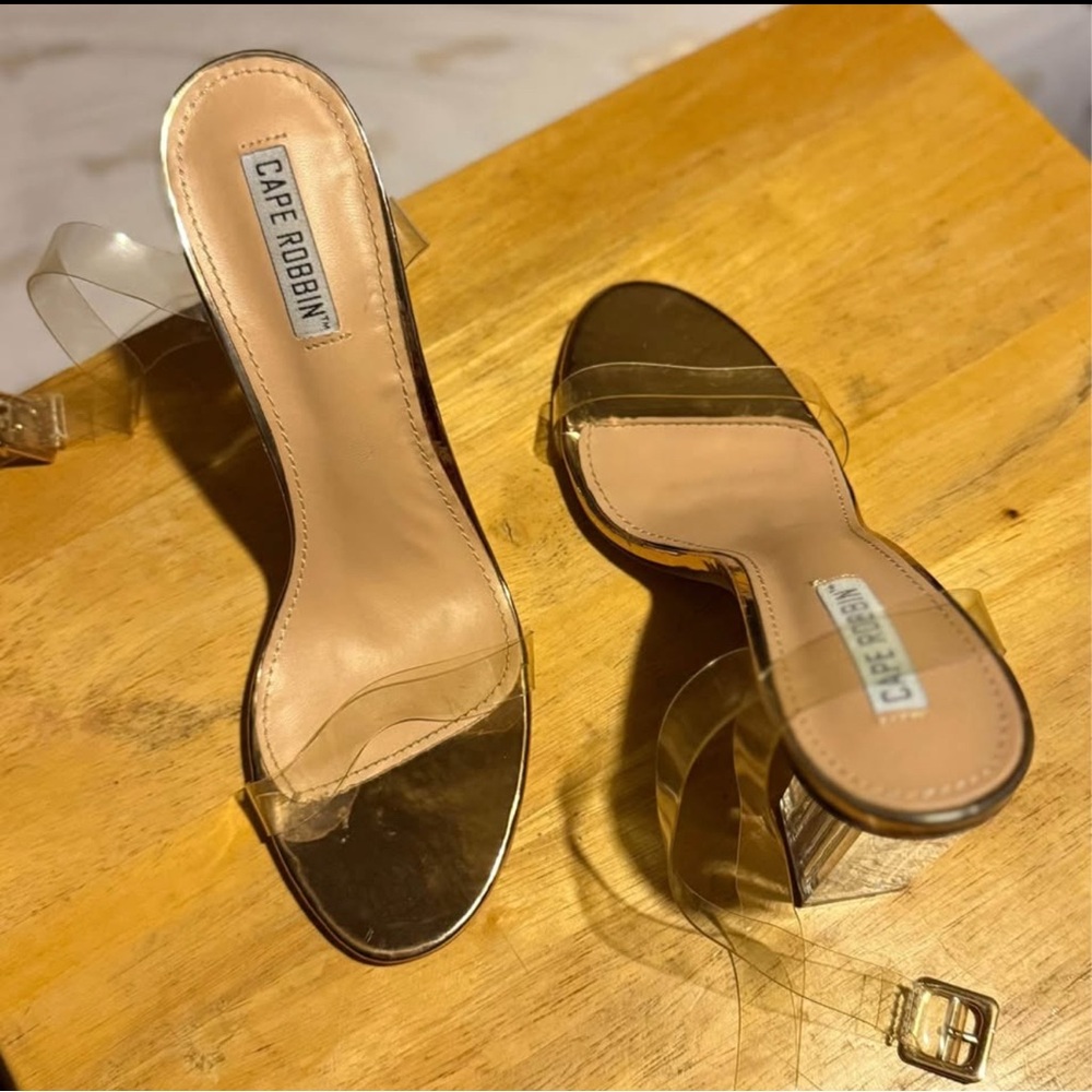 Cape Robbin Metallic Gold Heels with Clear Straps